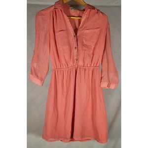 Charlotte Russe*Womens Small*Shirt Dress*Sheer Sleeves*Peach*Roll Up Sleeve